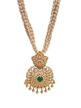 Gold-Tone Pearl Necklace with Green Center Pendant